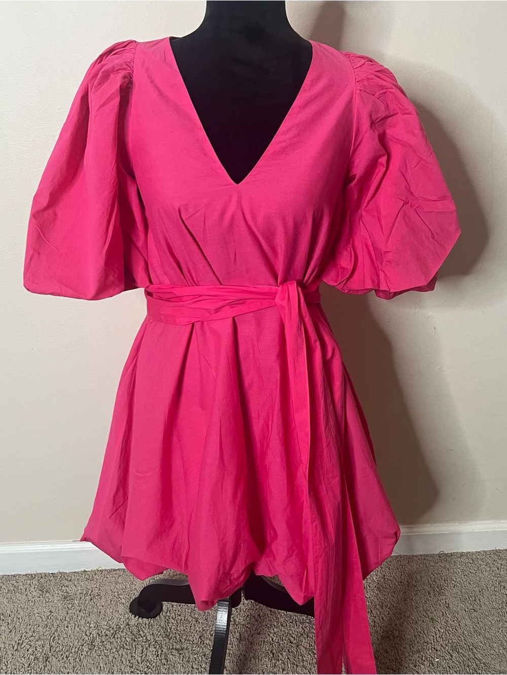 RHODE Women’s Marni Pink V-Neck Puff Sleeve Belted Bubble Hem Mini Dress Sz XS